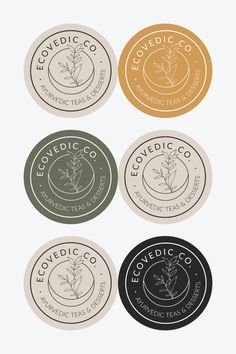 four circular badges with different types of herbs on them and the words ecoticco written in