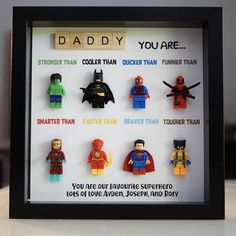 a shadow box frame with legos in it that says, daddy you are smarter than faster than ever