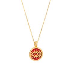 Shield yourself from negative energies with the Minimalist Coral & Gold Round Evil Eye Pendant Talisman Necklace. Featuring a round coral stone, adorned with a gold evil eye talisman, this pendant is designed for spiritual protection. Crafted with 18k gold plating on sterling silver and paired with a luxurious gold vermeil chain, this minimalist necklace is both fashionable and meaningful, perfect for everyday wear. Details 18K gold plated on sterling silver Coral stone Necklace length 18" and 2'' extender Pendant height 0. 5'' Pendant width 0. 5'' Avoid contact with chemicals, makeup, parfume. Do not use dips or abrasive cleaners on necklace. To clean and brighten it up your necklace, wipe them gently with jewelry polishing cloth. Spiritual Good Luck Necklace With Round Shape, Good Luck Spiritual Necklace With Round Shape, Spiritual Round Good Luck Necklaces, Spiritual Good Luck Round Necklace, Red Charms Necklace With Round Pendant, Red Necklace With Charms And Round Pendant, Red Charms Round Pendant Necklace, Red Necklace With Round Pendant And Charms, Red Spiritual Round Pendant Jewelry