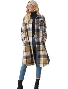 PRICES MAY VARY. Button front closure Buttoned cuffs,gingham,This taratn shacket jacket is oversized style. If you would like to wear slimly, please order one smaller size. Using comfortable,no-pilling and durable polyester shell,this relaxed fit brushed long plaid shacket coat for travel,work,nights out,leisure Classic and relaxed fit side split design,chic and elegant mid long gingham shirts coats,thick enough for spring,autumn,winter,match with blouse,tees,sweaters,jeans,leggings,sneakers,boo Plaid Shacket, Long Coat Jacket, Maxi Shirts, Womens Jackets, Gingham Shirt, Travel Work, Plaid Flannel Shirt, Plaid Jacket, Sweaters And Jeans