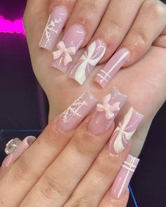 Cute nail design, christmas aesthetic nails, pink Christmas Pink And White Nails Medium Length, Nail Ideas Pink Christmas, Holiday Acrylic Nails Christmas, Christmas Airbrush Nails, Ballerina Winter Nails, Pink Wonderland Nails, Pink Hello Kitty Christmas Nails, Nail Inspo Trendy Winter, The Nutcracker Nails