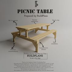 the picnic table is labeled with instructions on how to build it