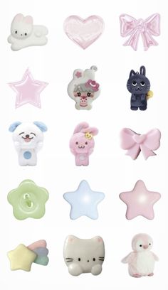 many different types of buttons with animals and stars on the front, in pastel colors