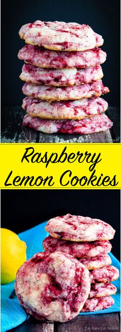 raspberry lemon cookies are stacked on top of each other and ready to be eaten