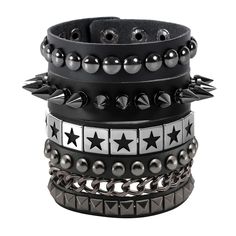 PRICES MAY VARY. Spike Bracelet Set: 4 Pcs Spike cuffs for you, this sophisticated black studded bracelet set is sure to fit. Enjoy, look cool, stylish, and be free! Size Details: Adjustable length from 7 inch to 8. 5";You can adjust the size by changing the snap button place. Handmade Leather Bracelet: All the metal spike are carefully selected, manually installed and manufactured, sturdy and durable without worrying about quality issues. Don't need to worry about the quality issues. Goth acces Spikey Bracelets, Spike Cuffs, Spiked Jewelry, Studded Bracelet, Scene Accessories, Spike Bracelet, Metal Spikes, Punk Accessories, Handmade Leather Bracelets