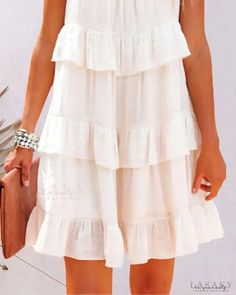 Lasaky - Layered Ruffle Casual Swing Dress Beach A-line Mini Dress With Ruffle Hem, Flowy Ruffled Skirt Mini Dress For Vacation, Ruffled Mini Sundress, Flowy Knee-length Ruffle Dress For Summer, Summer A-line Midi Dress With Ruffles, Flowy A-line Mini Dress With Ruffles, Chic Mini Length Dress With Layered Hem, Chic Mini Dress With Layered Hem, Knee-length Ruffle Hem Sundress For Brunch