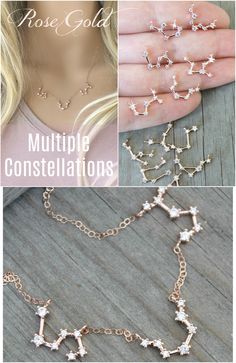 "This personalized rose gold necklace is made with 2-8 zodiac Constellation pendants (see link below for a necklace with a single pendant). Please select number of pendants and necklace length from the drop down menus and list the zodiac signs you need in the Personalization window (in order from left to right, as viewed by someone looking at the person wearing the necklace). *The length includes the pendants. *The model is wearing an 18\" necklace with three pendants. C O M P O N E N T S: Chain Gold Celestial Zodiac Necklace, Constellations Zodiac, Zodiac Sign Pendant Necklace For Anniversary, Rose Gold Zodiac Round Pendant Necklace, Elegant Zodiac Sign Initial Pendant Necklace, Celestial Zodiac Sign Pendant Necklaces, Embossed Jewelry, Sand Dollar Necklace, Diamond Bar Necklace