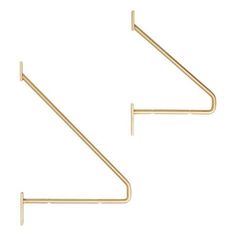 two gold metal hooks are shown on a white background and one is in the shape of a triangle