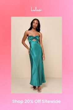 You'll be looking especially extraordinary in the Lulus So Rare Emerald Green Satin Strapless Twist-Front Midi Dress! Glossy woven satin shapes this head-turning dress that falls from a strapless, sweetheart neckline (with hidden no-slip strips) into a pleated, twist-front bodice that creates a flirty cutout. The high, fitted waist sits atop a figure-skimming slip skirt that finishes at a chic midi hem. Turn around to reveal two elasticized straps that lay across the otherwise open-back design. Pre-draped Satin Strapless Cocktail Dress, Green Satin Strapless Cocktail Dress, Green Satin Strapless Dress For Cocktail, Strapless Silk Satin Dress For Night Out, Strapless Pre-draped Satin Maxi Dress, Strapless Silk Satin Cocktail Dress, Silk Satin Strapless Cocktail Dress, Silk Strapless Dress With Sweetheart Neckline For Night Out, Pre-draped Satin Strapless Party Dress