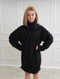 "Perfect for work or evening events, this black turtleneck wool sweater is a classic piece to go with anything in your closet. The chunky knit and slightly oversize loose fit has 2 layers of high quality wool that's made for comfort and good visual look. DETAILS - The sweater has 2 layers of wool - Made from 100% high quality wool - The sweater is knitted with 76 oz (1900g) of high quality premium mohair - The model is 170 cm tall (regular S) - The sweater on picture is size 3XL - As mostly all Oversized Wool Turtleneck Casual Style, Oversized Wool Casual Turtleneck, Casual Oversized Wool Turtleneck, Oversized High Neck Turtleneck For Winter, Oversized Long Sleeve Turtleneck For Cold Weather, Oversized Wool Turtleneck Sweater, Oversized Knitted Turtleneck For Fall, Oversized Cozy Turtleneck For Cold Weather, Oversized Cable Knit Turtleneck For Fall