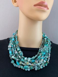 Multi-Strand Turquoise and Silver Statement Necklace – Sharon Cipriano Jewelry Beaded Boho Jewelry, Silver Statement Necklace, Artisan Bracelets, Necklace Beads, Silver Necklace Statement, Turquoise Glass, Multi Strand Necklace, Multi Strand, Statement Jewelry