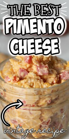 the best pinenut cheese recipe in a glass jar with text overlay that reads, vintage recipe