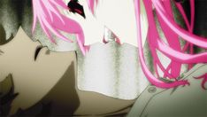 an anime character with pink hair looking at something