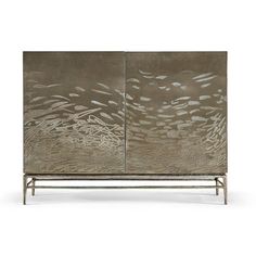 a metal cabinet with fish in the water on it's sides and two doors