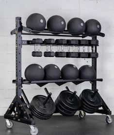 there is a gym equipment rack with balls and dumbbells on it