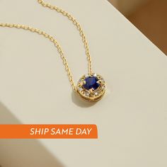 "1- P R O D U C T ∙  D E S C R I P T I O N The stone of Sapphire is a symbol of faithfulness and trust. It's one of the most romantic stones on earth which would make it a perfect gift for your partner. 2- P R O D U C T ∙  D E T A I L S Diamond Quality: * Diamond carat: 0.03 ct. * Clarity: VS2 * Color: F-G * Cut: Excellent cut * Setting type: Prong setting Sapphire carat: 0.3 ct Gold material: 14K solid gold Choice of gold color: Yellow gold, Rose gold, White gold Choice of chain length: 14\", 1 Round Diamond Accented Necklace For Gift, Blue 14k Gold Necklaces For Anniversary, Blue Gemstone Birthstone Necklace For Anniversary, Elegant Sapphire Birthstone Necklace For Anniversary, Round Necklaces With Diamond Accents For Gift, Sapphire Birthstone Jewelry As Gift, Sapphire Birthstone Jewelry For Gifts, Luxury Birthstone Necklace As Gift For Her, Blue Diamond Necklace With Gemstone Accents For Anniversary