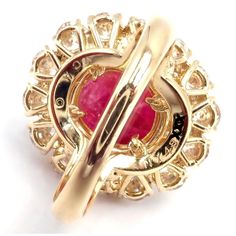 Van Cleef & Arpels 18k Yellow Gold Large Cabochon Ruby Diamond Ring, size 6 | Chairish Luxury Ruby Cabochon Diamond Ring, Luxury Cabochon Ruby Ring For Anniversary, Luxury Round Cabochon Diamond Ring, Luxury Dome Ring With 17 Jewels For Anniversary, Luxury Cluster Ring In Yellow Gold, Luxury Oval Cluster Ring In Yellow Gold, Luxury Cluster Ruby Ring Gift, Elegant Cabochon Cluster Ring, Elegant Round Cabochon Cluster Ring