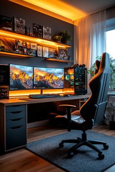 a chair sitting in front of two computer monitors