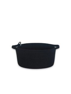 a large black basket with handles on the front and bottom, sitting against a white background