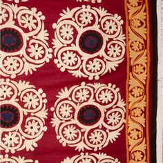 Suzani si all embroidered in cotton on a red cotton fabric. It is from 1960s, from Samarkand, Uzbekistan. Red Chikankari Embroidered Fabric For Traditional Ceremonies, Red Embroidered Fabric With Motifs, Red Chikankari Embroidery Fabric For Traditional Ceremonies, Red Bohemian Embroidered Fabric In Traditional Drape, Bohemian Red Embroidered Chanderi Fabric, Red Bohemian Embroidered Fabric With Traditional Drape, Red Bohemian Embroidered Fabric, Traditional Red Cotton Dupatta, Bohemian Embroidered Red Fabric For Traditional Ceremonies