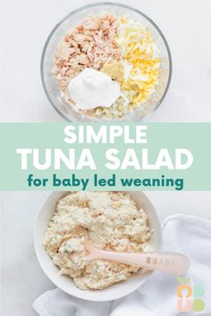 a bowl filled with tuna salad next to a white towel and spoon on top of it