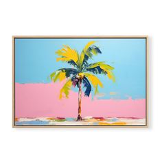 a painting of a palm tree on a pink and blue background