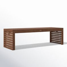 a wooden bench with perforated design on the top and bottom, against a white background