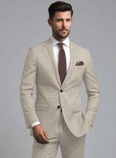 Embrace a classy aura with the Loro Piana Gemma Wool Silk Linen Suit, a luxurious and high-end addition to any man's wardrobe. Bespoke with premium materials including wool, silk, and linen, it offers a perfect balance of style, comfort, and quality. Its fabric is soft, breathable, and flows beautifully on the body. The color is a versatile and perennial shade of beige. With such a suit, you are guaranteed to look sharp and polished. Its elegance is matched only by its versatility and lasting appeal, making it a great choice for a formal event, business meeting, or special celebration.    A marriage of elegance and comfort, Loro Piana fabrics are made using the highest quality raw materials in the world, in their purest form or blended together. A sophisticated response to the dictates of Event Business, Master Tailor, Italian Suit, Silk Linen, Linen Suit, Shades Of Beige, Linen Jacket, Formal Suits, Business Meeting