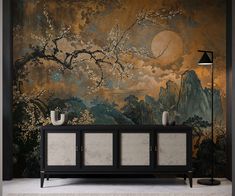 Contact for custom colours and sizes. Paste-the-wall and peel & stick options available   Our paste-the-wall paper is an extremely durable vinyl wallcovering with a lite sand textured satin finish. If you're looking for a mess-free installation, then may prefer our peel & stick paper, which has a smooth satin finish. This intricate dark Chinoiserie mural design showcases twisted branches laden with blossoms, reaching out against a backdrop of towering peaks and misty valleys. For peace of mind, Dark Chinoiserie, Twisted Branches, Chinoiserie Mural, Chinoiserie Art, Abstract Animal Art, Dining Room Wallpaper, Sand Textures, Style Wallpaper, Luxury Marble