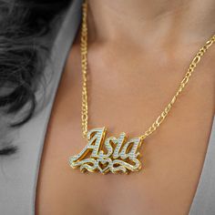 Make a statement with our new double plated collection! Personalize this figaro chain with your name, the name of a loved one, or a special word. Crafted from 18K gold and silver plating, this piece is made to last. Details: Personalize With: Names, Numbers, or Words. Pendant Size varies by name (3.5cm-5cm) Matching Cuban Chain Closure: Lobster Clasp Tiffany Name, Special Words, Figaro Chains, Figaro Chain, Rose Gold Metal, Cuban Chain, Precious Jewelry, Personalized Necklace, Gold Plated Silver