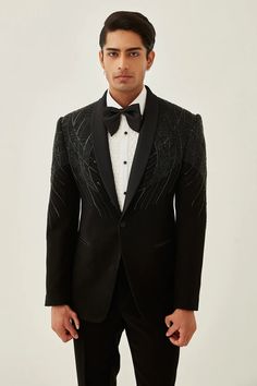 Designer Menswear Tuxedo For Men Color-Black Colors can be customized as per clients needs as well FABRIC ALL SEASON SUITING MATERIAL PATTERN EMBROIDERED CARE DRY CLEAN ONLY ITEMS INCLUDED SHIRT, JACKET, PANTS, BOW SHOE NOT INCLUDED, ALTHOUGH CAN BE CUSTOMIZED IF THE CLIENT NEEDS (DROP US A MESSAGE IN CASE THERE IS ANY CONFUSION IN THE MEASUREMENTS) Fancy Tuxedo For Men, Designer Tuxedo With Suit Collar For Festive Occasions, Tailored Suits For Formal Party Wear, Festive Semi-formal Tuxedo With Suit Collar, Festive Wedding Suits With Notch Lapel, Festive Notch Lapel Suit For Formal Occasions, Designer Festive Tuxedo For Reception, Tailored Semi-formal Party Tuxedo, Elegant Fitted Tuxedo For Reception