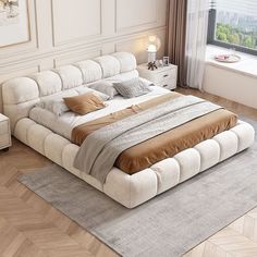 a large white bed sitting on top of a wooden floor next to a window in a bedroom