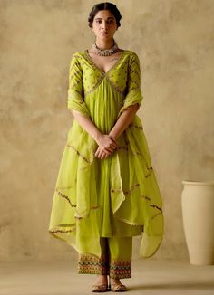 Neon Green Silk Anarkali Palazzo Set Varun Chhabra - Fabilicious Fashion Green Anarkali, Maharani Designer Boutique, Silk Anarkali, Palazzo Set, Designer Kurtis, Designer Boutique, Designer Dresses Casual, Boutique Dress Designs, Party Wear Indian Dresses