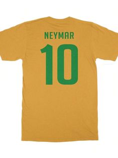 a yellow t - shirt with the number 10 on it and green lettering that reads neymar