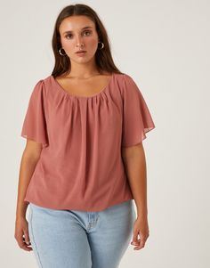 Curve Chiffon Flutter Sleeve Blouse Plus Size Tops Mauve 1XL -2020AVE Casual Workwear Blouse With Butterfly Sleeves, Feminine Tops With Butterfly Sleeves For Work, Feminine Butterfly Sleeve Tops For Work, Casual Butterfly Sleeve Tops For Workwear, Casual Tops With Butterfly Sleeve For Workwear, Casual Workwear Top With Butterfly Sleeves, Flowy Solid Color Short Sleeve Tops, Solid Short Sleeve Flowy Tops, Feminine Butterfly Sleeve Blouse For Workwear