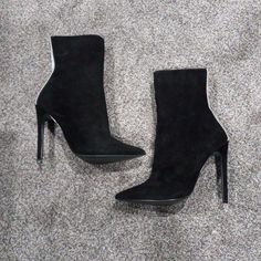 Never Worn Black Suede Steve Madden Crystal Bootie Trendy Winter Boots With 4-inch Heel, Winter Ankle-high Heeled Boots With 4-inch Heel, Suede Ankle Boots With 4-inch Heel, Trendy Ankle-high Boots For Night Out, Elegant High-top Winter Boots, Edgy Fitted Ankle-high Boots, Winter Closed Toe Heeled Boots With 4-inch Heel, Black High Heel Mid-calf Boots For Winter, Winter Black Booties With Reinforced Heel