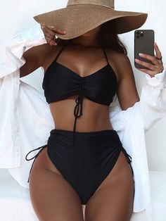 Fabric: NylonPattern: SolidElement: RuchStrap Type: Halter StrapMain Composition: Nylon Black Two Piece Swimsuit, Swimsuit Thick, Solid Color Bikinis, Black Two Piece, Black Bathing Suits, High Waisted Briefs, Two Piece Swimwear, Black Swimwear, Black High Waist