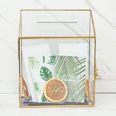 a clear glass box with an orange slice and palm leaves on the inside, sitting on a marble countertop