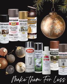 christmas ornaments, spray paint and other items are featured in this ad for rustoleum