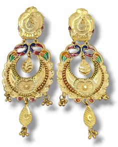 Bohemian Chic: These handcrafted earrings exude a bohemian charm with their intricate design and vibrant enamel crystal accents. Vintage Inspiration: Inspired by timeless vintage styles, these jhumka earrings offer a touch of classic elegance. High-Quality Materials: Crafted with 22k gold-plated metal, these earrings are both durable and luxurious. Colorful Enamel Crystal: The colorful enamel crystal embellishments add a pop of personality and style. Handmade with Love: Each pair of earrings is Work Earrings, Earring Jewelry Box, New Bride, Fancy Design, Tungsten Mens Rings, Real Gold Jewelry, Chic Earrings, Vintage Inspiration, Crystal Light