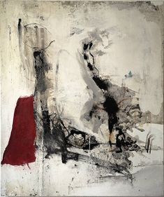 an abstract painting with black, white and red colors