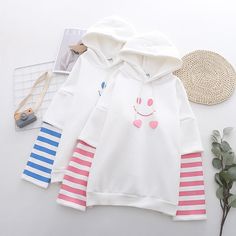 Product ID: JW4920 
 Material: Cotton 
 Color: Blue, White 
 Size Info: 
 One Size: Bust 114 cm, Length 61 cm, Sleeve 42 cm www.ccovv.com Face Print, Cute Hoodie, Smiling Face, Striped Sleeve, Winter Colors, Pink Hoodie, Smile Face, Diy Clothes, Suits You