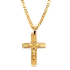 Our Gold Filled Curb Chain Necklace with a Large Cross Pendant, a symbol of faith and devotion. This necklace beautifully combines classic style with spiritual significance. This necklace adds a lustrous shine, elevating the necklace to a sophisticated accessory that complements any attire. Elegant Crucifix Necklaces With Adjustable Chain, Classic Cross Necklace For Formal Occasions, Formal Cross Pendant Jewelry With Chain, Spiritual Cross Pendant Necklace For Formal Occasions, Luxury Cross Necklaces For Formal Occasions, Spiritual Yellow Gold Necklace For Formal Occasions, Formal Engraved Cross Pendant Necklaces, Classic Cross Pendant Necklace For Formal Occasions, Classic Gold Cross Necklace