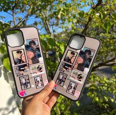 two cell phones with pictures on them are held up in front of some trees and bushes