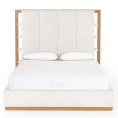 a bed with white linens and wooden headboard against a white background, it has two pillows on each side