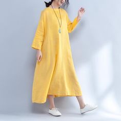 Item Code: 632829509654 Item Type: women dressMaterial: linen,cottonSeason: spring,summer,autumnStyle: casualCollar type: round neckClothing placket: pulloverPattern: plainSleeve: long sleeveClothing details: button,pocket,pleatedWaist: looseCombination: single pieceColor: yellow One Size Fit M/L(Fit for EU 38-44,US8-14,UK12-18,AU12-18,NZ12-18)Length: 117.00 cm/ 46.06 "Bust: 118.00 cm/ 46.46 "Shoulder: 59.00 cm/ 23.23 "Sleeve length: 35.00 cm/ 13.78 "Cuff: 29.00 cm/ 11.42 "Hem: looseWaist: 128.00 cm/ 50.39 " The model height:168cm,weight:45kg,bust:81cm,waist:61cm,hips:93cmusually wear US Middle sizePS:1.The measurement is measured by hands,there will be 1 cm-3 cm in error,hope you can understand.2.The product is taken in the bright light,there may be a little different in the color of the Spring Linen Dress With Relaxed Fit, Relaxed Fit Solid Color Linen Dress For Spring, Spring Relaxed Fit Solid Color Linen Dress, Spring Relaxed Fit Solid Linen Dress, Casual Spring Linen Dress, Spring Solid Color Linen Daywear Dress, Solid Color Linen Dress For Daywear In Spring, Spring Solid Color Linen Dress For Daywear, Casual Linen Beach Dress In Solid Color