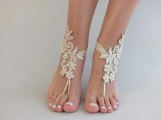 Champagne Lace Sandal Beach Wedding Barefoot Sandals | Etsy Adjustable Ankle Wrap Sandals For Party, Elegant Barefoot Sandals For Summer Party, Elegant Barefoot Sandals With Ankle Strap For Beach, Elegant Ankle Strap Barefoot Sandals For Beach, Summer Beach Wedding Ankle Wrap Sandals, Summer Wedding Closed Toe Shoes For Ceremony, Summer Wedding Closed-toe Shoes, White Barefoot Sandals For Spring Party, Ankle Wrap Sandals For Summer Beach Wedding