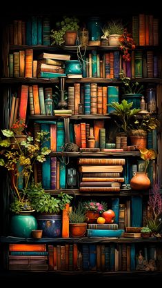 a bookshelf filled with lots of books and plants