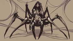 a drawing of a woman sitting on top of a giant spider