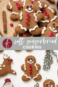 gingerbread cookies with white icing and red berries on the top, surrounded by other christmas decorations